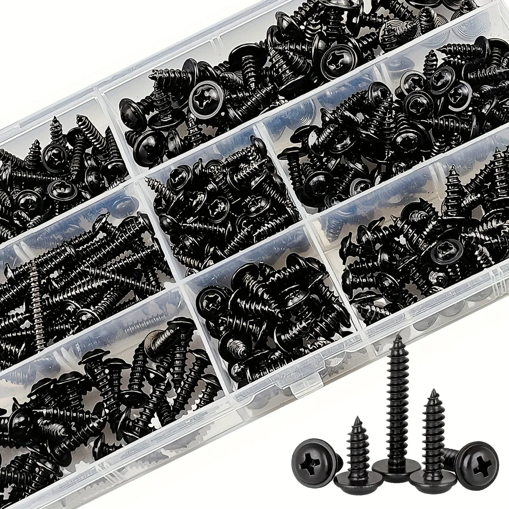 250/340pcs Self-Tapping Screw Set - M3/M4/M3.5/M5 Sizes, Pan Head Phillips Drive, Black Carbon Steel for Wood Furniture