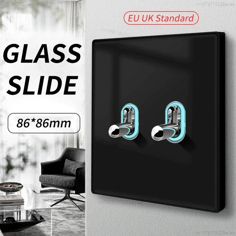 Black Glass Wall Switch & Socket Panel – EU/UK Standard with USB, TV/SAT/Network Ports, Modern Sliding Design
