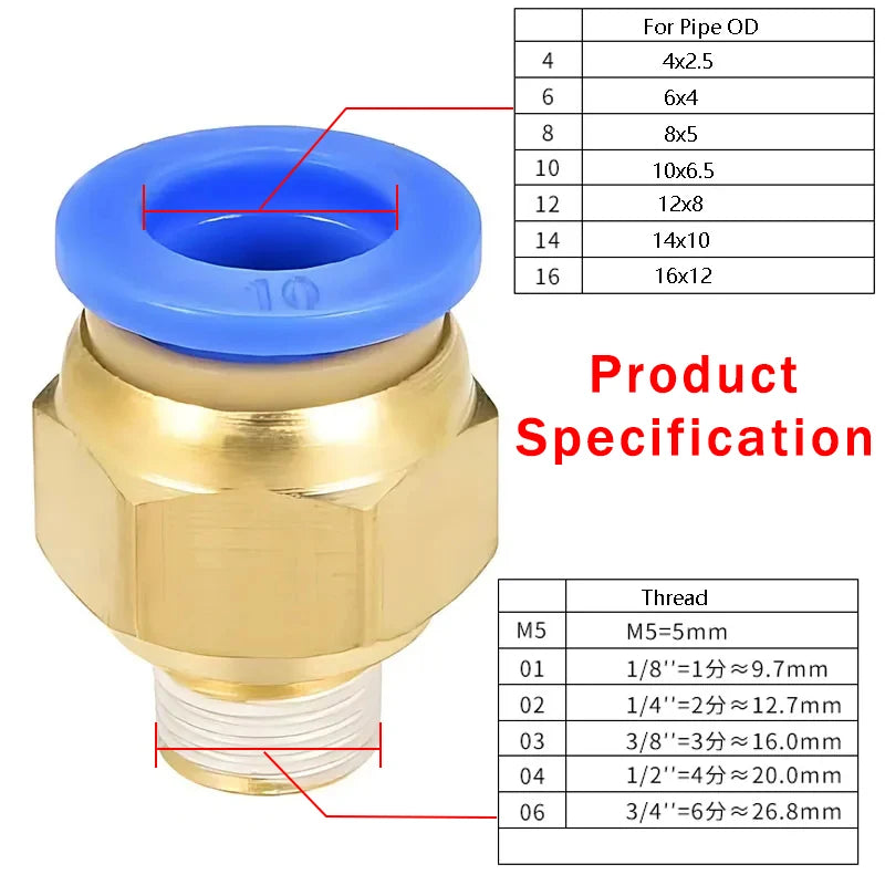 20PCS Pneumatic Air Connector Fitting PC 4mm 6mm 8mm 10mm 12mm Thread 1/8" 1/4" 3/8" 1/2" Hose Fittings Pipe Quick Connectors