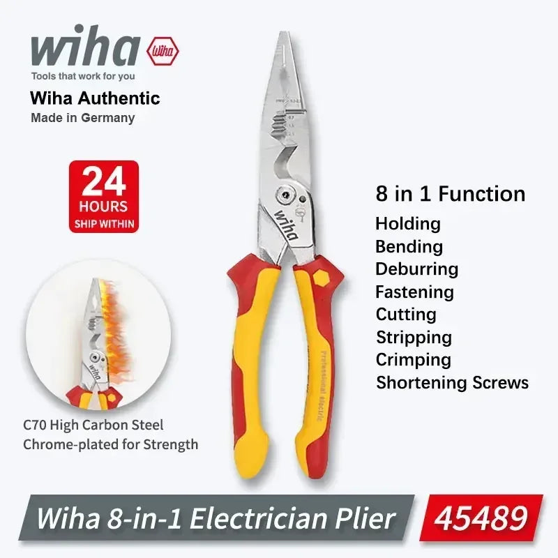 Genuine Wiha 8-in-1 Multi-Purpose Pliers – Insulated Wire Strippers for Electricians, 1000V VDE Tested