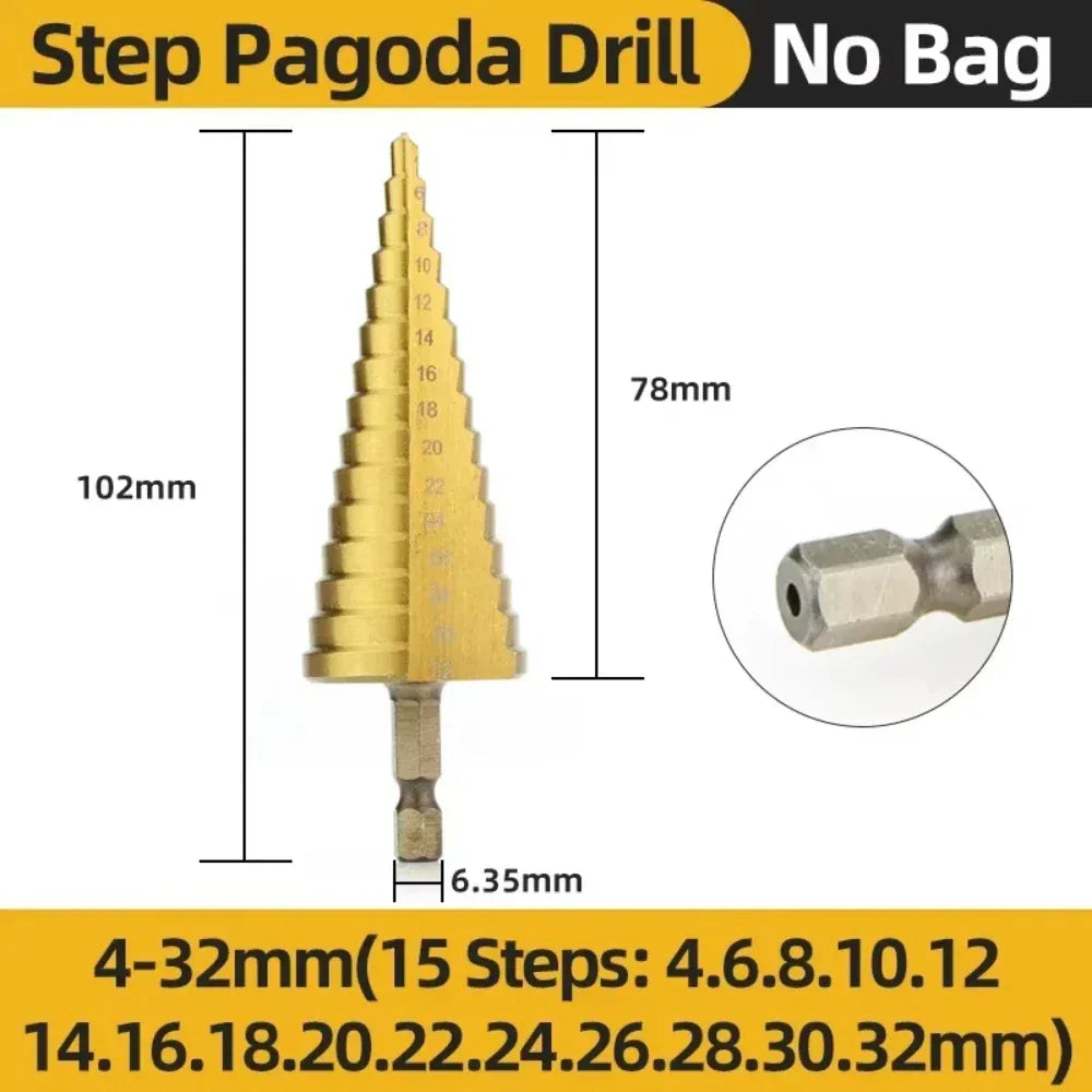 HSS Titanium Step Drill Bit Set – Conical Stepped Drill Bits for Metal, Wood & Plastic