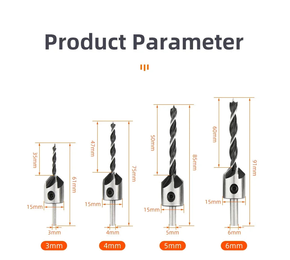 HSS Countersink Drill Bit Set 3mm–10mm – Woodworking Chamfer & Pilot Hole Bits
