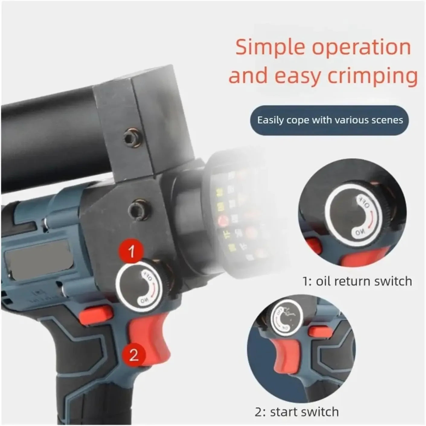Crimping tool with labeled switches on a white background