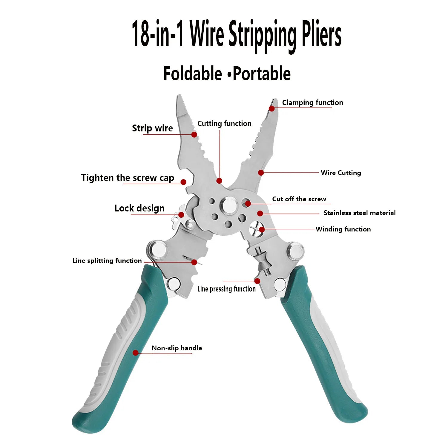1/2Foldable 18-in-1 Wire Stripping Pliers Crimping Tool Multifunctional Electrician Pliers, Professional-Grade Electrician Tools