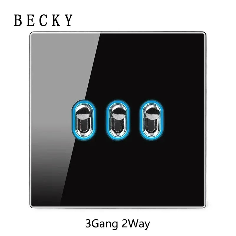 Black Glass Wall Switch & Socket Panel – EU/UK Standard with USB, TV/SAT/Network Ports, Modern Sliding Design