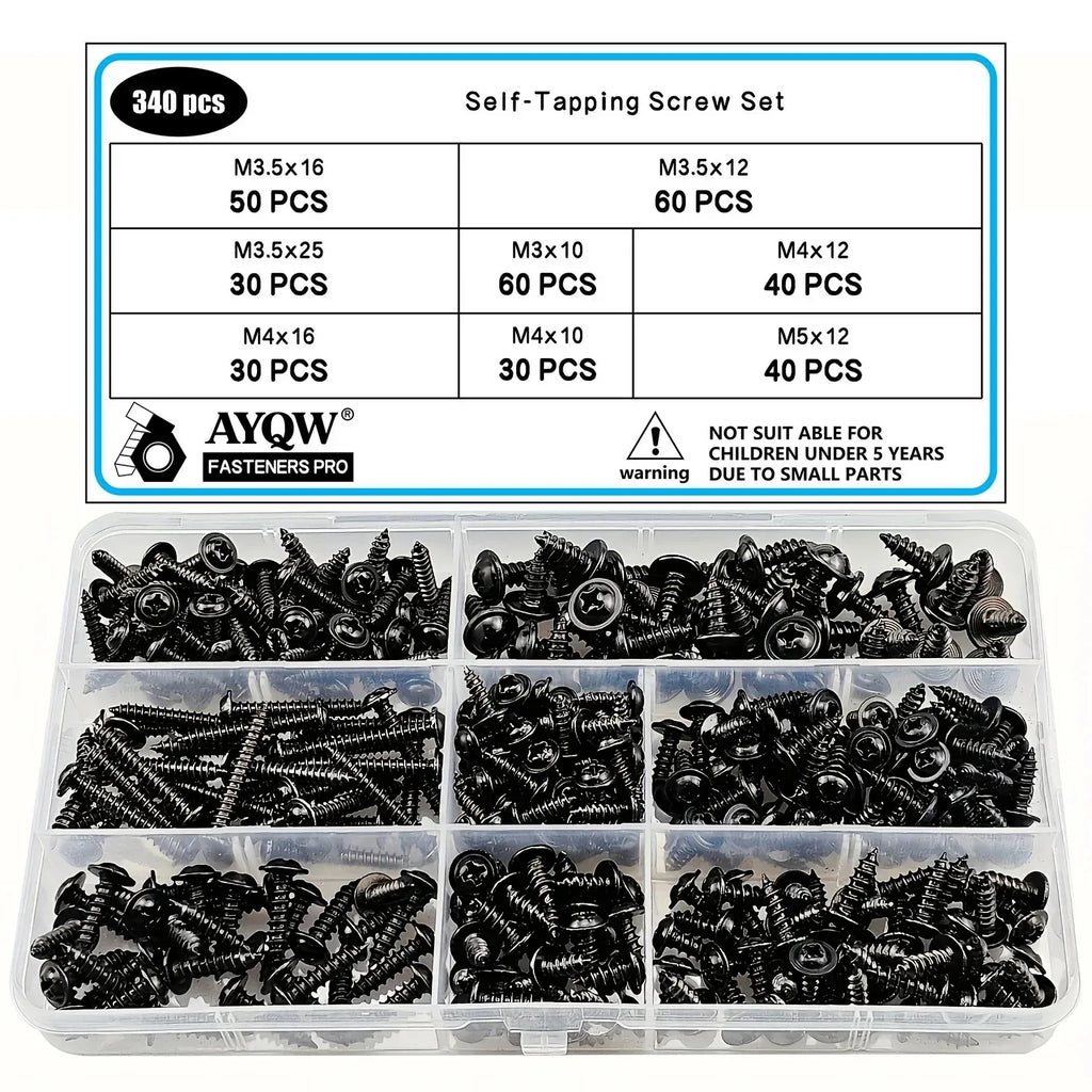 250/340pcs Self-Tapping Screw Set - M3/M4/M3.5/M5 Sizes, Pan Head Phillips Drive, Black Carbon Steel for Wood Furniture