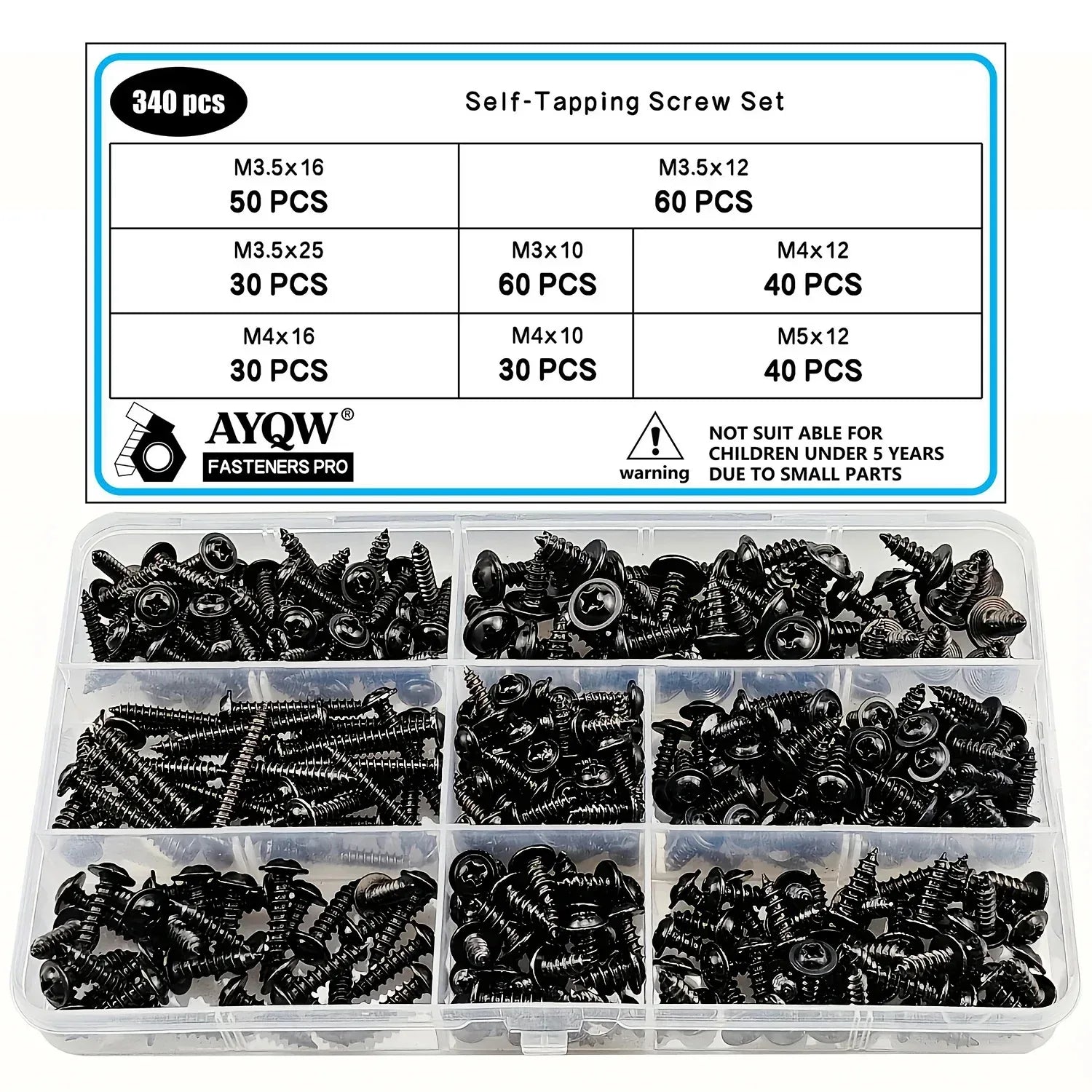 250/340pcs Self-Tapping Screw Set - M3/M4/M3.5/M5 Sizes, Pan Head Phillips Drive, Black Carbon Steel for Wood Furniture