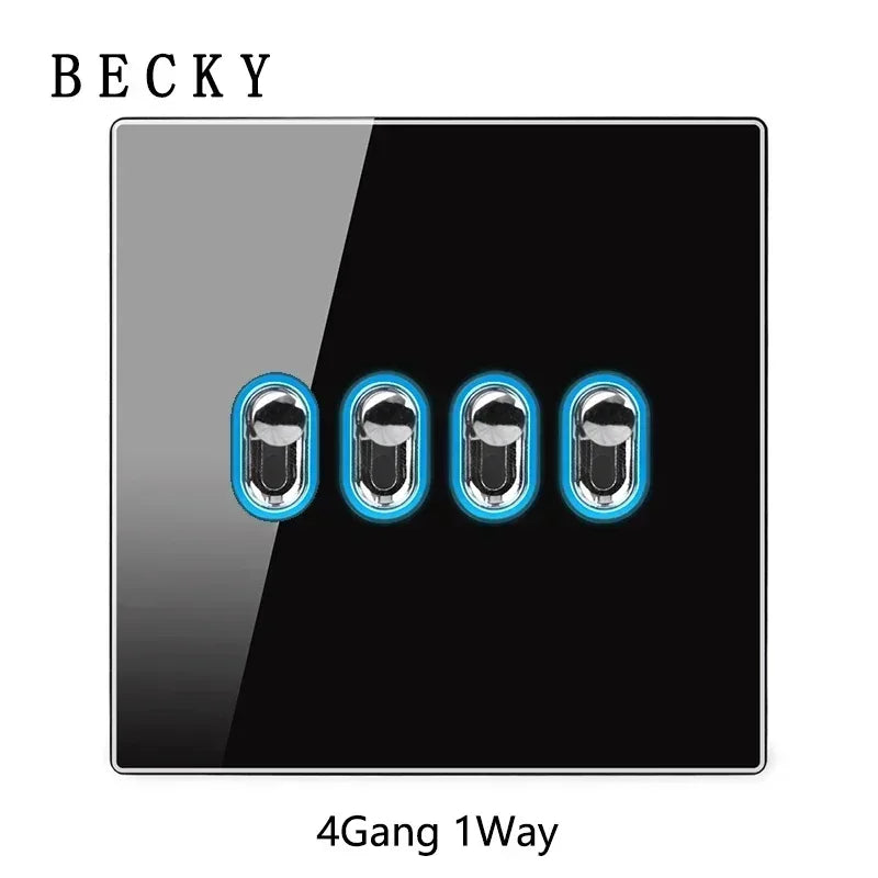 Black Glass Wall Switch & Socket Panel – EU/UK Standard with USB, TV/SAT/Network Ports, Modern Sliding Design