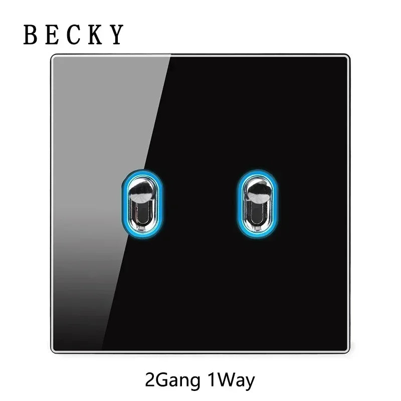 Black Glass Wall Switch & Socket Panel – EU/UK Standard with USB, TV/SAT/Network Ports, Modern Sliding Design