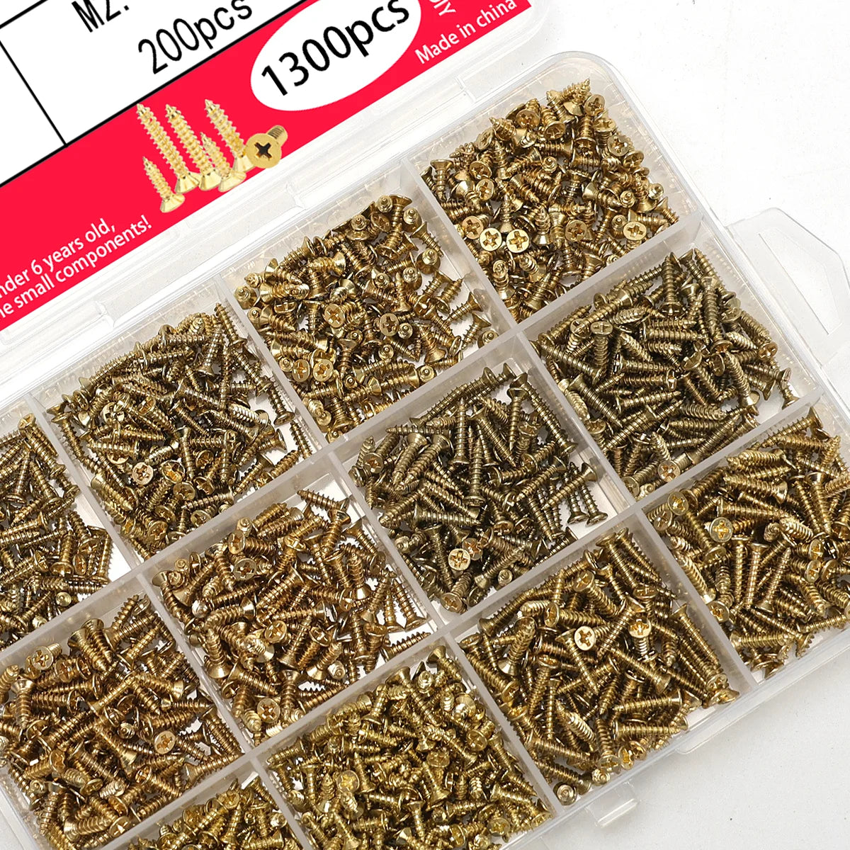 1300pcs-plated Phillips head countersunk self-drilling screws, M2/M2.5 (6mm/8mm/10mm) sizes, suitable for hardware/DIY projects