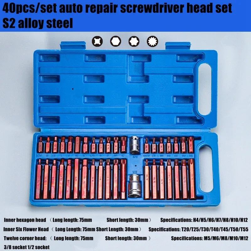 40pcs Torx Star Spline Hex Socket Bit Set Tool Kit Precision Screwdriver Bit Garage Equipment Auto Professional Repair Tools
