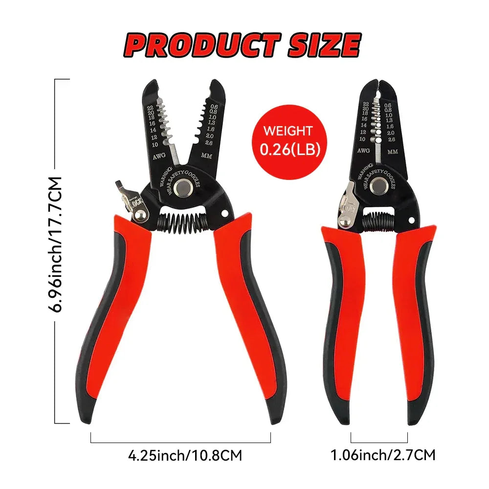 wire stripping crimping tool with safety lock and coil spring