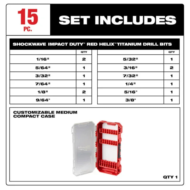 MILWAUKEE 48-89-4670 15PC SHOCKWAVE RED HELIX Titanium Drill Bit Set – Impact Duty