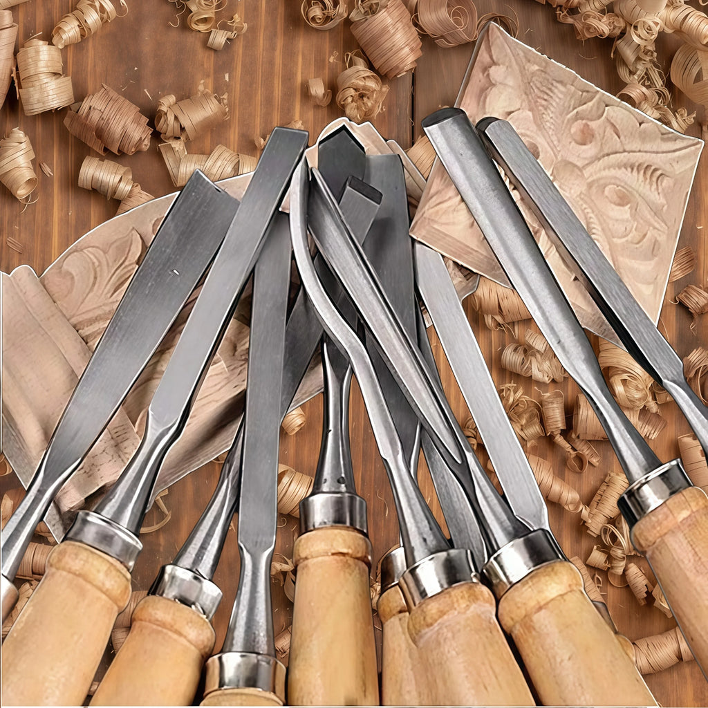 12Pcs Wooden Carving Chisel Set, Woodworking Tools Set with Pouch, Full Size Knife Gouge Kit for Carving Projects Consruction An