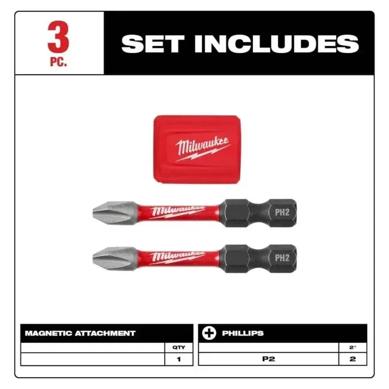 MILWAUKEE 48-32-4550 SHOCKWAVE Impact Duty Magnetic Attachment PH2 Bit Set – 3PC
