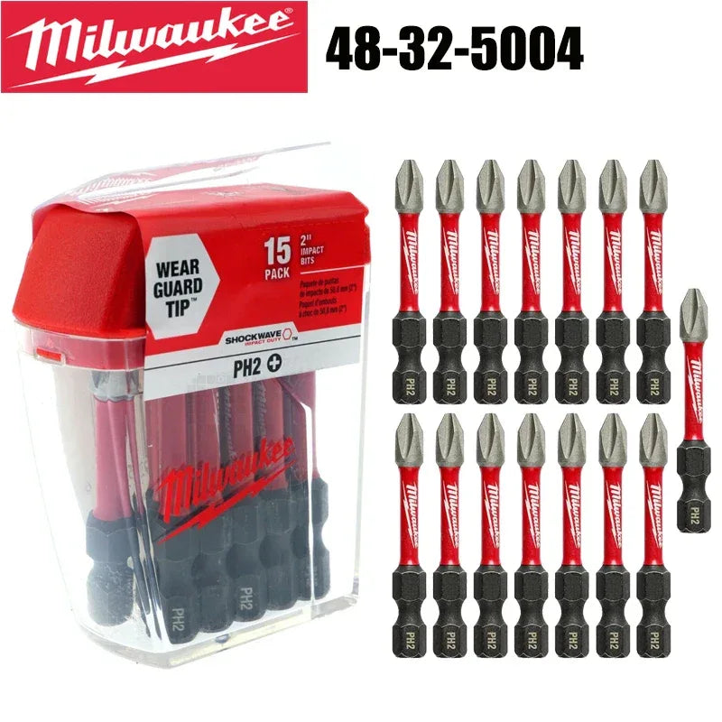 Milwaukee PH2 2" Impact Bits 15 Pack SHOCKWAVE 50X LIFE 50mm – 48-32-5004