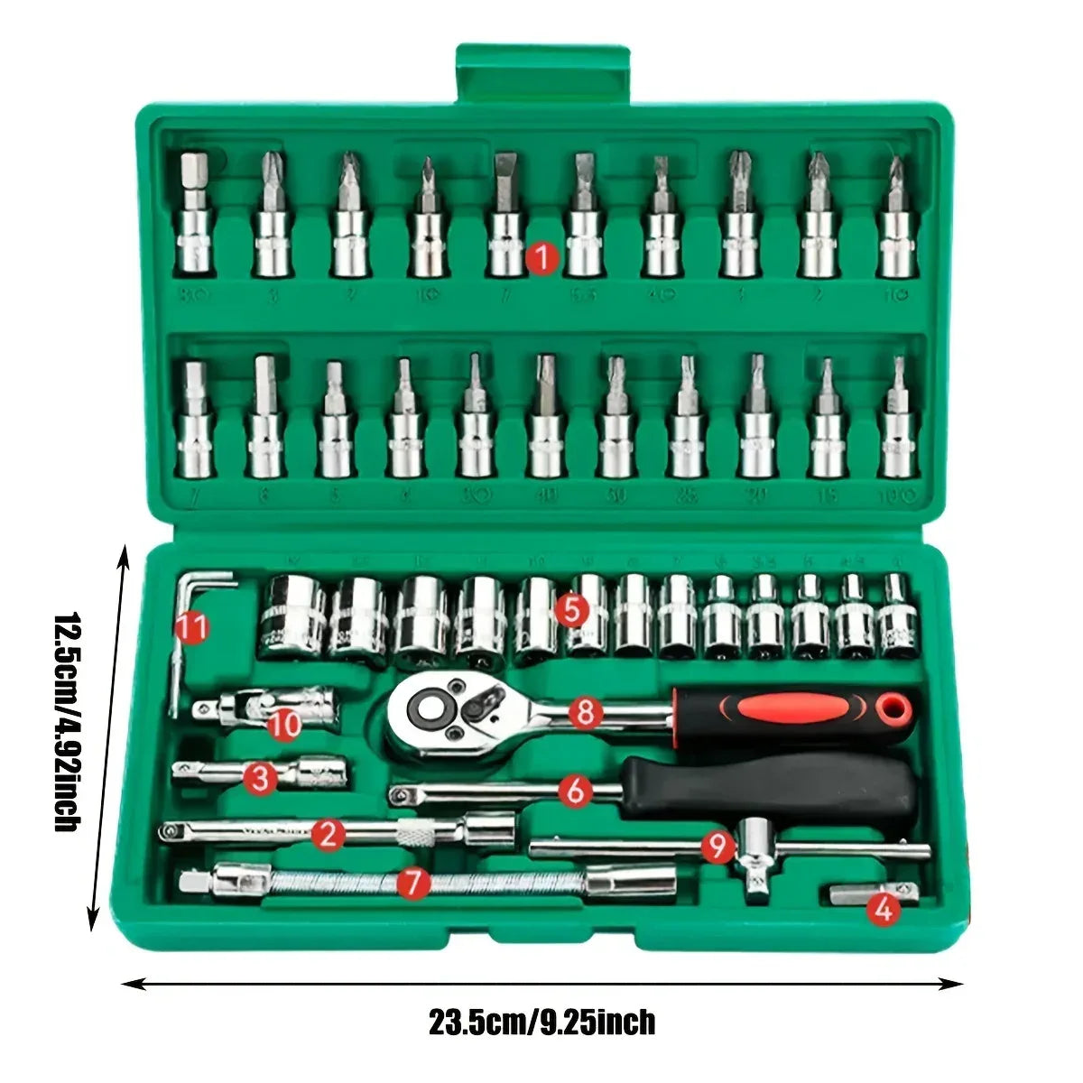 Advanced Car Repair Kit , Green Toolbox, 46pcs Professional Ratchet Set Professional Tool Set, Car Maintenance Essentials