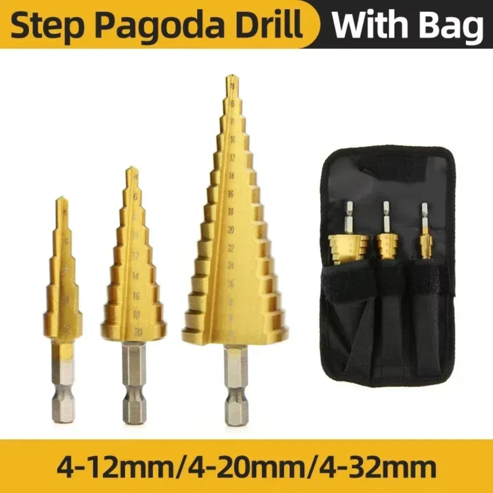 HSS Titanium Step Drill Bit Set – Conical Stepped Drill Bits for Metal, Wood & Plastic