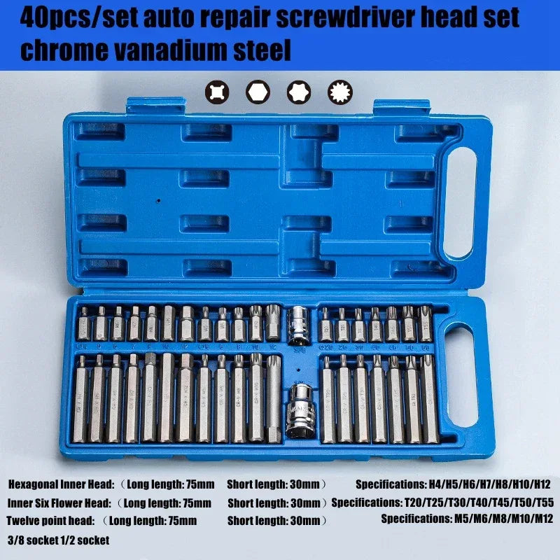 40pcs Torx Star Spline Hex Socket Bit Set Tool Kit Precision Screwdriver Bit Garage Equipment Auto Professional Repair Tools