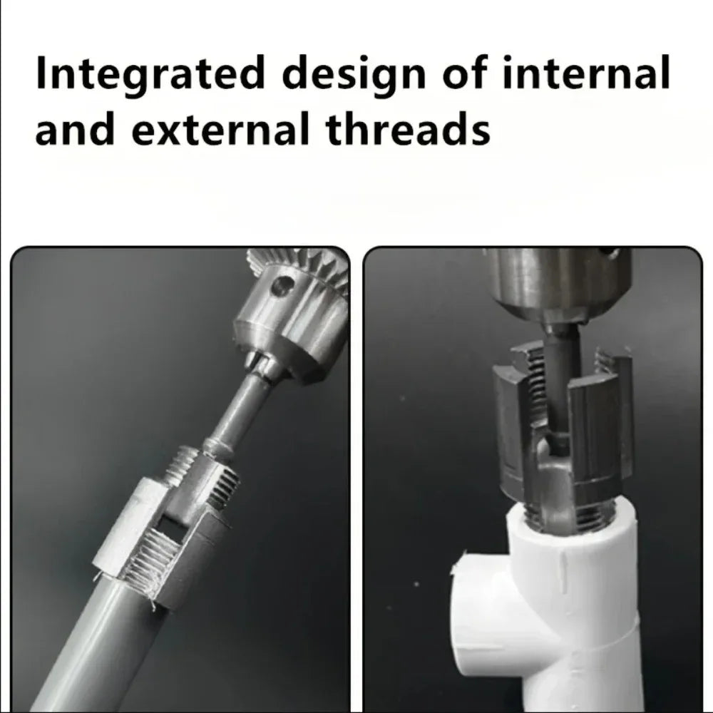 drill attached pipe threading tool creating threads on plastic water pipe