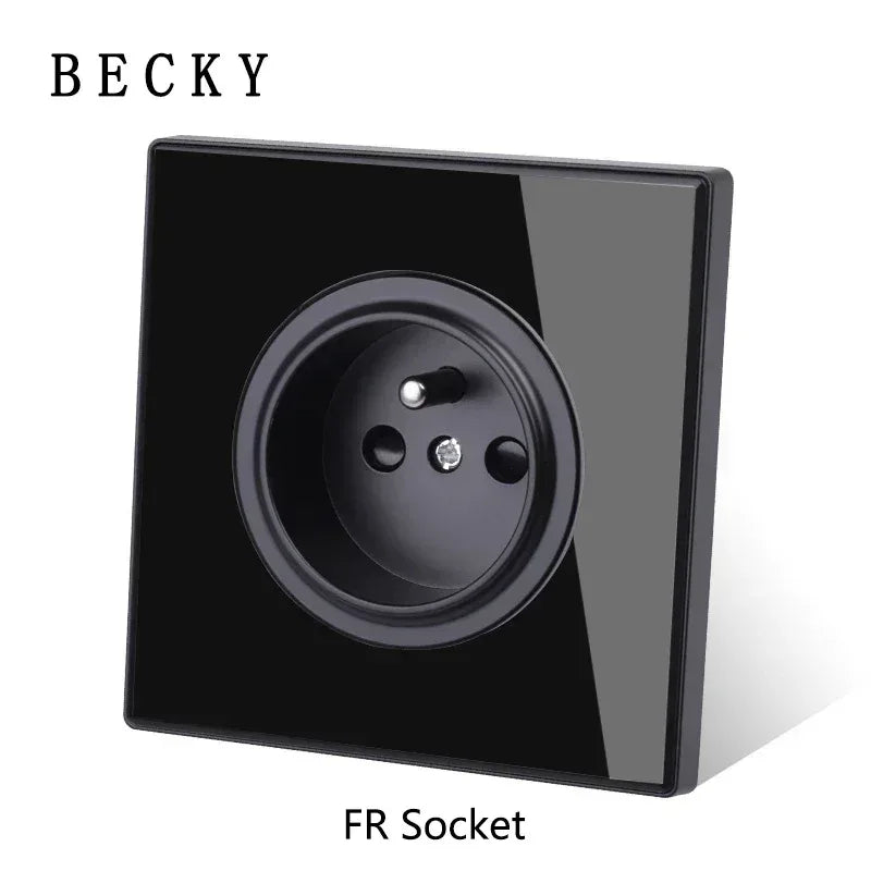 Black Glass Wall Switch & Socket Panel – EU/UK Standard with USB, TV/SAT/Network Ports, Modern Sliding Design