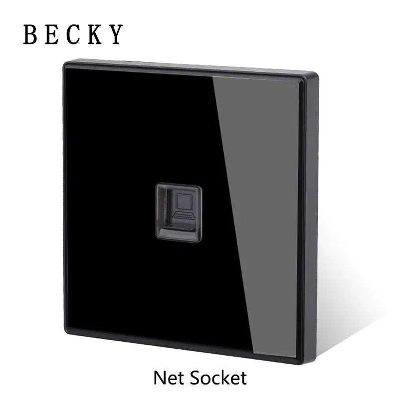 Black Glass Wall Switch & Socket Panel – EU/UK Standard with USB, TV/SAT/Network Ports, Modern Sliding Design