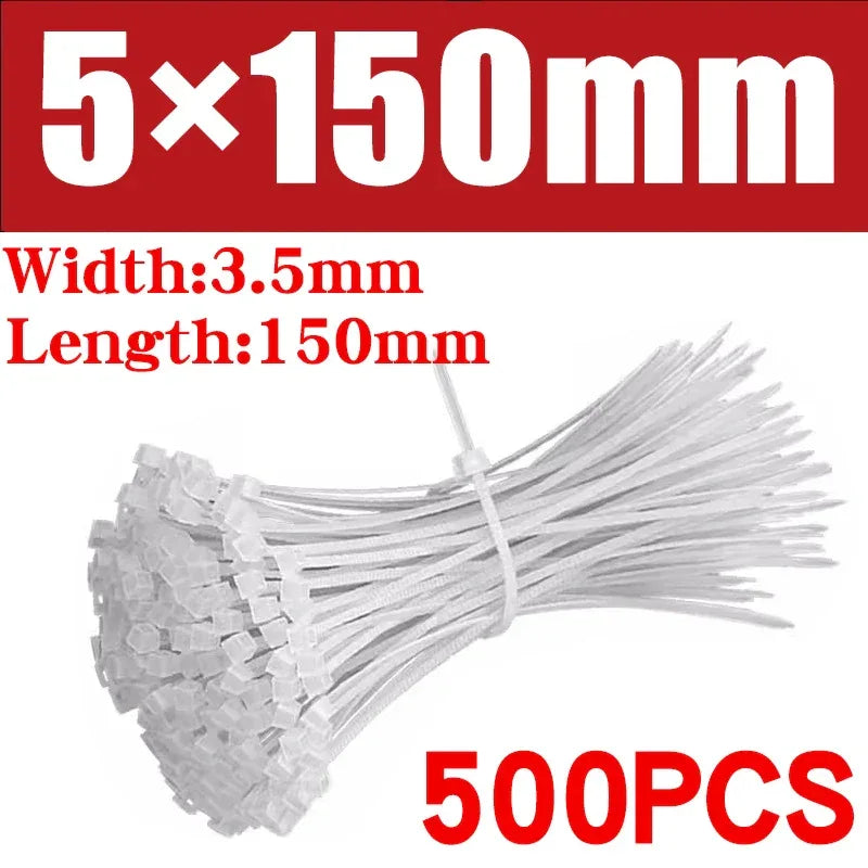 500/1000PCS/bag Self-locking Plastic Nylon Tie White Zip Wraps Strap Nylon Cable Tie Set Fastening Ring Loop Wire Wrap