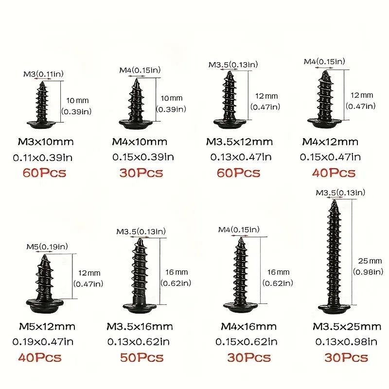 250/340pcs Self-Tapping Screw Set - M3/M4/M3.5/M5 Sizes, Pan Head Phillips Drive, Black Carbon Steel for Wood Furniture
