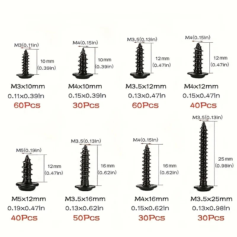 250/340pcs Self-Tapping Screw Set - M3/M4/M3.5/M5 Sizes, Pan Head Phillips Drive, Black Carbon Steel for Wood Furniture