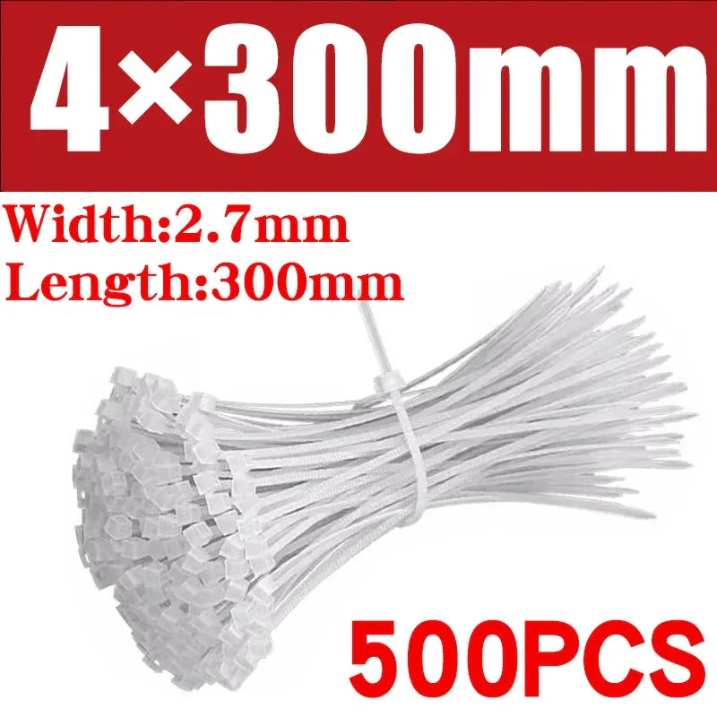 500/1000PCS/bag Self-locking Plastic Nylon Tie White Zip Wraps Strap Nylon Cable Tie Set Fastening Ring Loop Wire Wrap