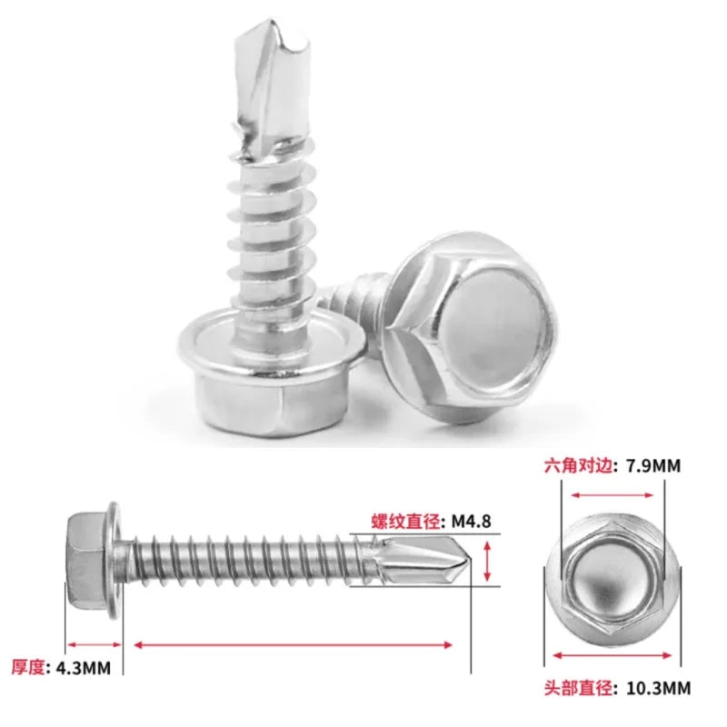 100P#8 M4.2 Self Tapping Sheet Metal Screws 410 Stainless Steel Hex Washer Head High-Strength Quick Tapping Screws Lath to Metal