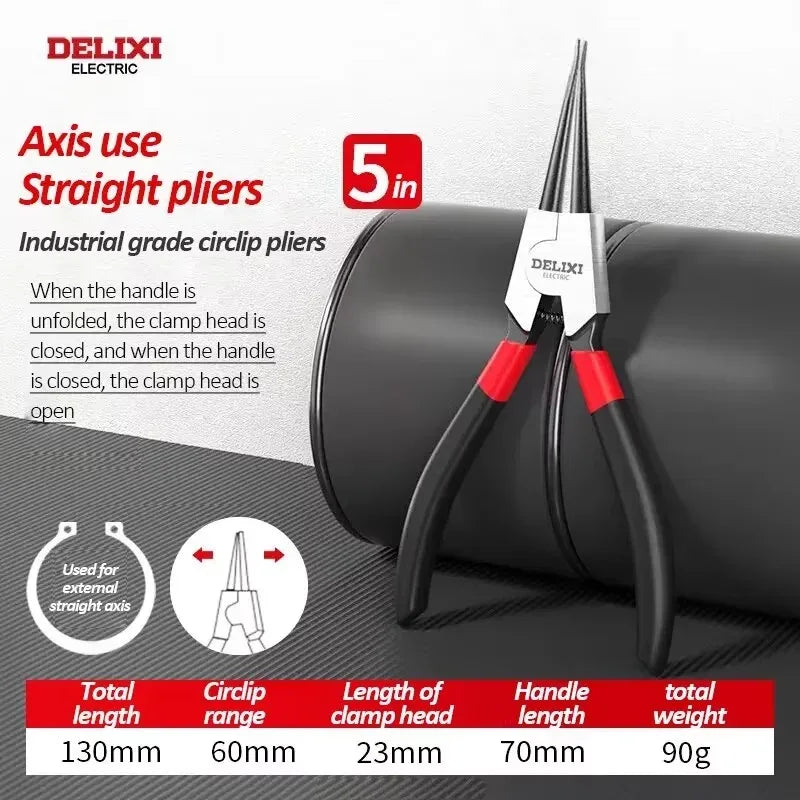 DELIXI ELECTRIC 5-Inch Internal External Circlip Pliers with Non-Slip Handle for Snap Rings, Hoses & Gasket Removal
