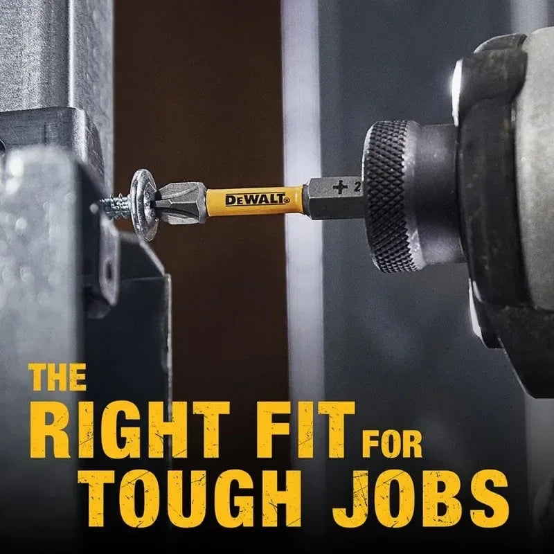 DeWalt drill bit being used on a piece of metal with text 'The Right Fit for Tough Jobs'.