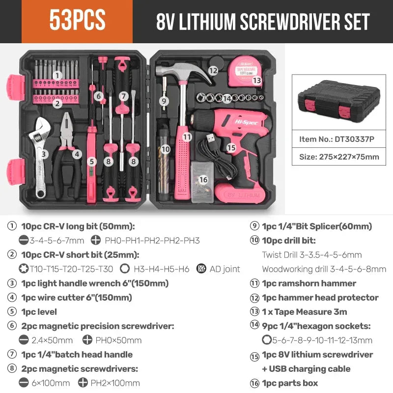 Hi-Spec Pink Electric Screwdriver & Drill Kit – Home Tool Set for DIY Repairs