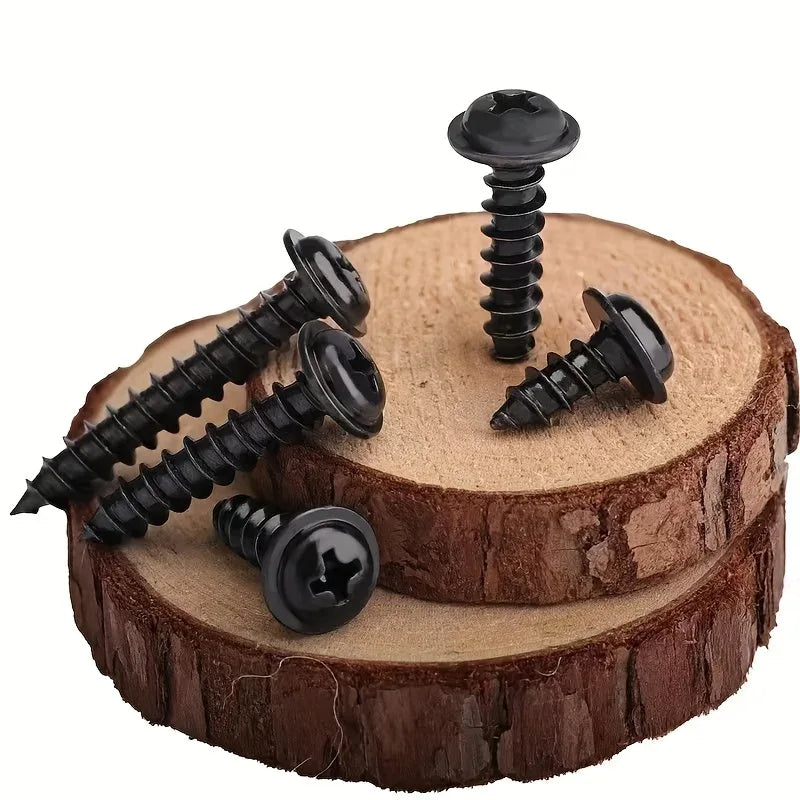 250/340pcs Self-Tapping Screw Set - M3/M4/M3.5/M5 Sizes, Pan Head Phillips Drive, Black Carbon Steel for Wood Furniture