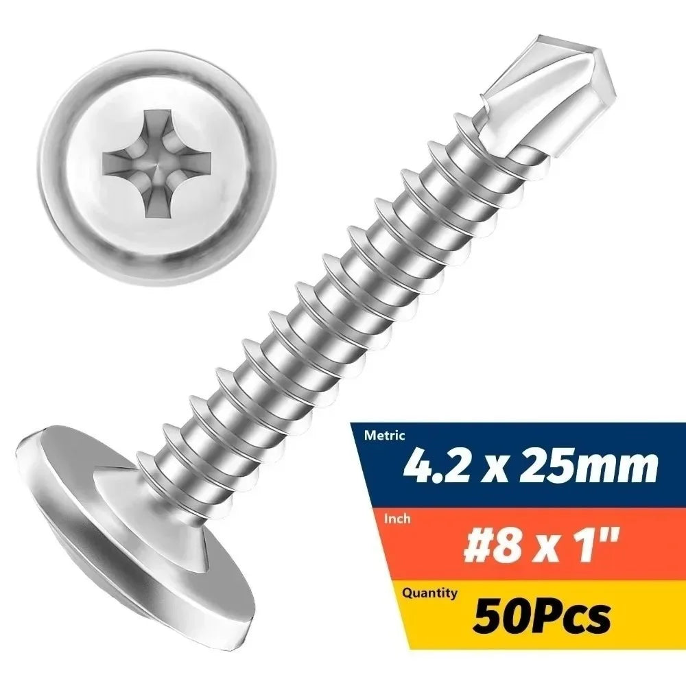 50PCS Stainless Steel Self Tapping Screws Round Washer Cross Phillips Self Drilling Screws Flat Head High-Strength Fasteners