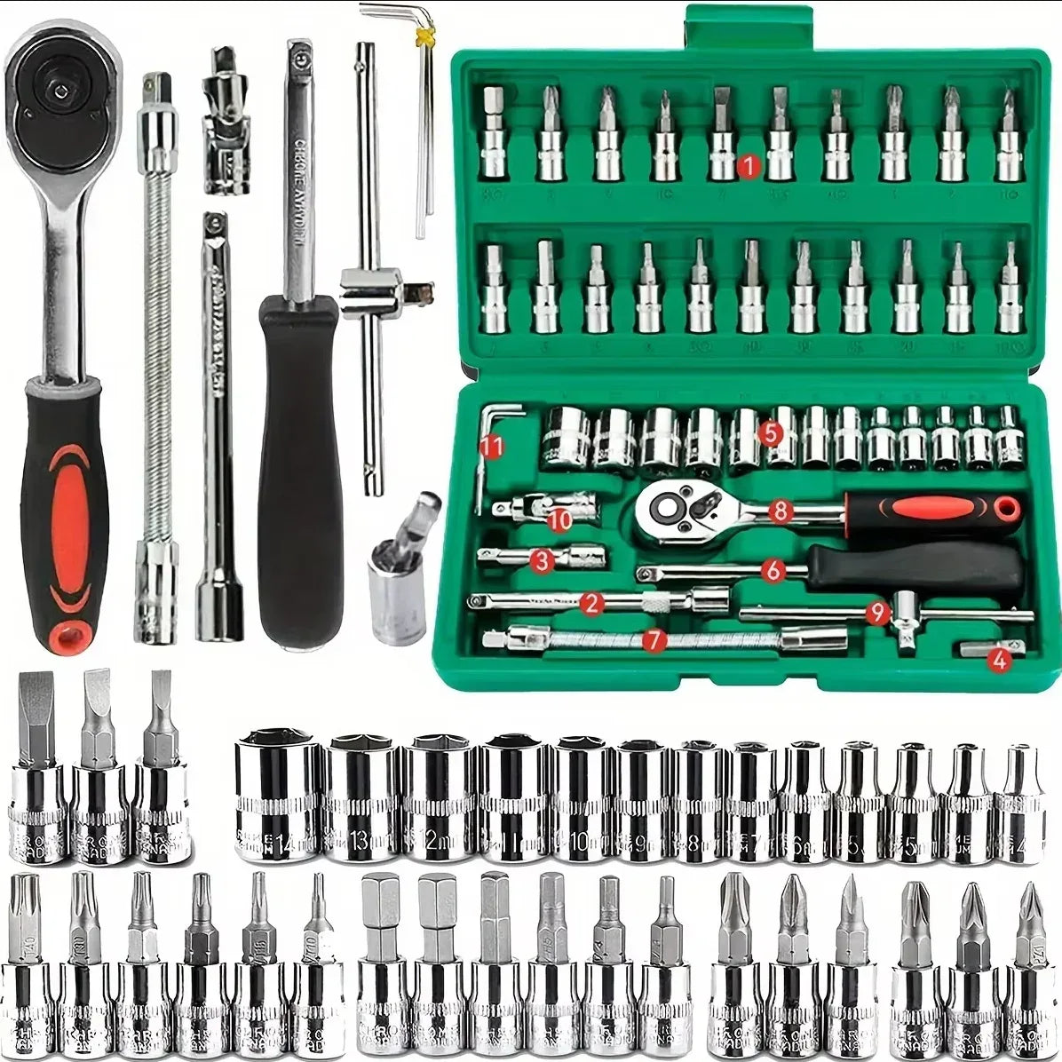 46Pcs Family Tools 1/4 Set Mechanic Tool Kits for Auto Repair Hous with Sockets Metric Hex Bit Socket Set inch Ratchet Wrench
