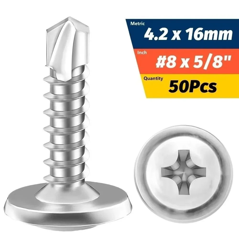 50PCS Stainless Steel Self Tapping Screws Round Washer Cross Phillips Self Drilling Screws Flat Head High-Strength Fasteners