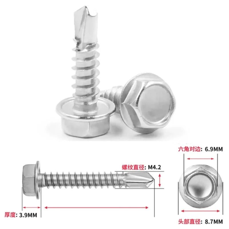 100P#8 M4.2 Self Tapping Sheet Metal Screws 410 Stainless Steel Hex Washer Head High-Strength Quick Tapping Screws Lath to Metal