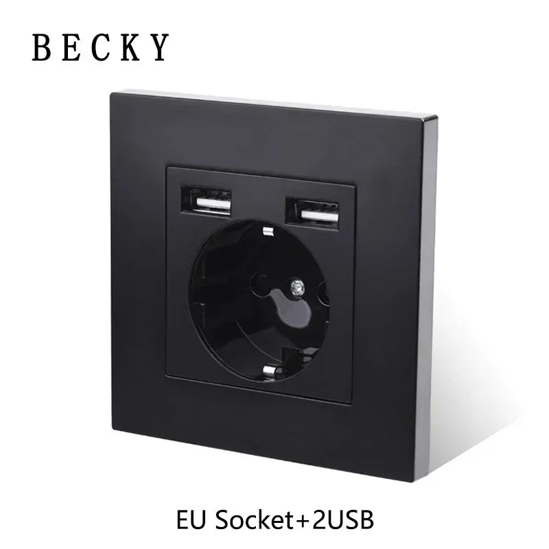 Black Glass Wall Switch & Socket Panel – EU/UK Standard with USB, TV/SAT/Network Ports, Modern Sliding Design