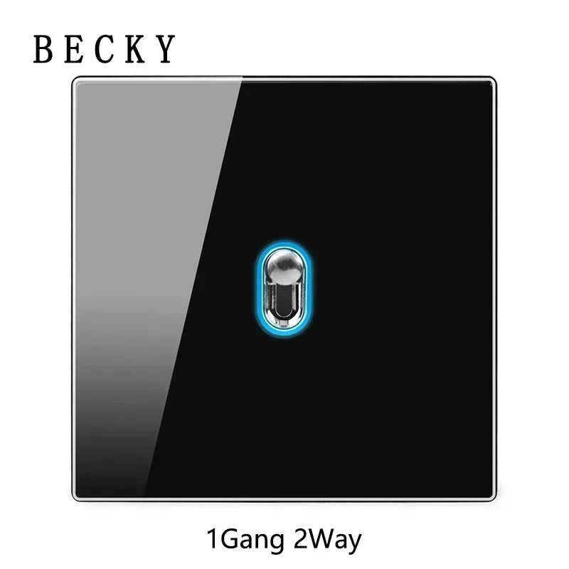 Black Glass Wall Switch & Socket Panel – EU/UK Standard with USB, TV/SAT/Network Ports, Modern Sliding Design