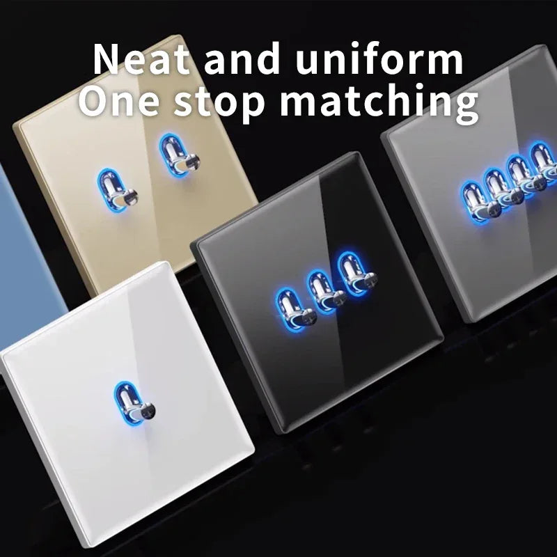 Black Glass Wall Switch & Socket Panel – EU/UK Standard with USB, TV/SAT/Network Ports, Modern Sliding Design