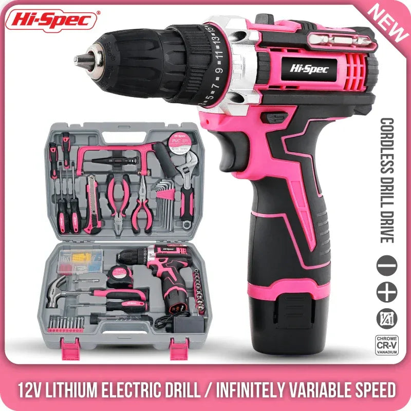 Hi-Spec pink electric screwdriver and drill home tool kit